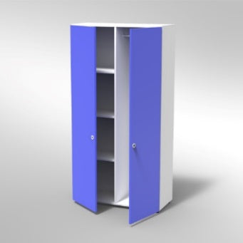 ARMADIO 2 ANTE 1 VANO SPOGL. PIEDI PLASTICA REGOLABILIFRONTALE COLORE BLU BALTICO, STRUTTURA COLORE BIANCO, FONDO STANDARD COL.STRUTTURA, RIPIANI COLORE BIANCO, PIEDINO REGOLABILE