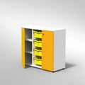 ARMADIO 2 ANTE E 4 CASSETTI GRANDI PIEDI PLASTICA REGOLABILIFRONTALE COLORE BLU BALTICO, STRUTTURA COLORE BIANCO, FONDO STANDARD COL.STRUTTURA, RIPIANI COLORE BIANCO, VASCHETTE COLORE GIALLO, PIEDINO REGOLABILE