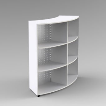 MODULO CURVO A GIORNO 4 RIPIANI PIEDI PLASTICA REGOLABILI CON LAMIERASTRUTTURA COLORE BIANCO, RIPIANI COLORE BIANCO, STRUTTURA METALLICA COLORE ALLUMINIO, PIEDINO REGOLABILE