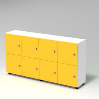 CUBETTO MODULO 4x2 VANI ORIZZONTALE CON ANTE CON PIEDI PLASTICA REGOLABILI., FRONTALE COLORE BLU BALTICO, STRUTTURA COLORE BIANCO, PIEDINO REGOLABILE