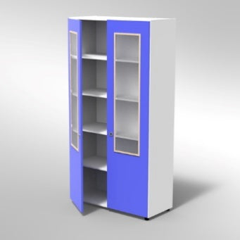 ARMADIO 2 ANTE VETRO 4 RIPIANI PIEDI PLASTICA REGOLABILIFRONTALE COLORE BLU BALTICO, STRUTTURA COLORE BIANCO, FONDO STANDARD COL.STRUTTURA, RIPIANI COLORE BIANCO, PIEDINO REGOLABILE
