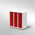 ARMADIO 24 CASSETTI PICCOLI PIEDI PLASTICA REGOLABILISTRUTTURA COLORE BIANCO, FONDO STANDARD COL.STRUTTURA, RIPIANI COLORE BIANCO, VASCHETTE COLORE ROSSO, PIEDINO REGOLABILE