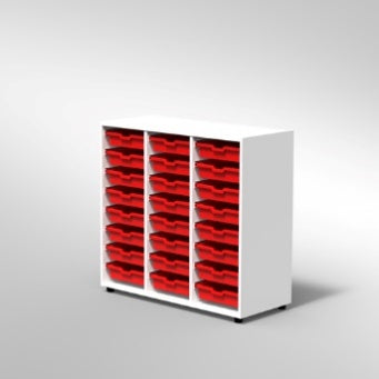 ARMADIO 24 CASSETTI PICCOLI PIEDI PLASTICA REGOLABILISTRUTTURA COLORE BIANCO, FONDO STANDARD COL.STRUTTURA, RIPIANI COLORE BIANCO, VASCHETTE COLORE ROSSO, PIEDINO REGOLABILE