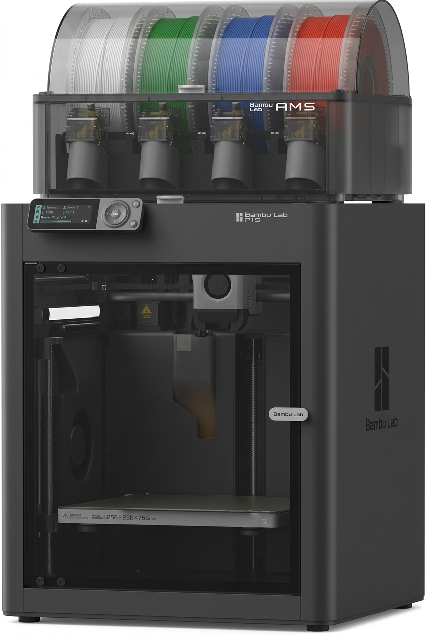 Stampante 3D Bambu Lab P1S con modulo AMS e quattro bobine su sfondo bianco