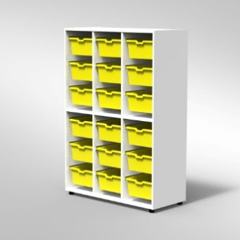 ARMADIO 18 CASSETTI GRANDI PIEDI PLASTICA REGOLABILISTRUTTURA COLORE BIANCO, FONDO STANDARD COL.STRUTTURA, RIPIANI COLORE BIANCO, VASCHETTE COLORE GIALLO, PIEDINO REGOLABILE