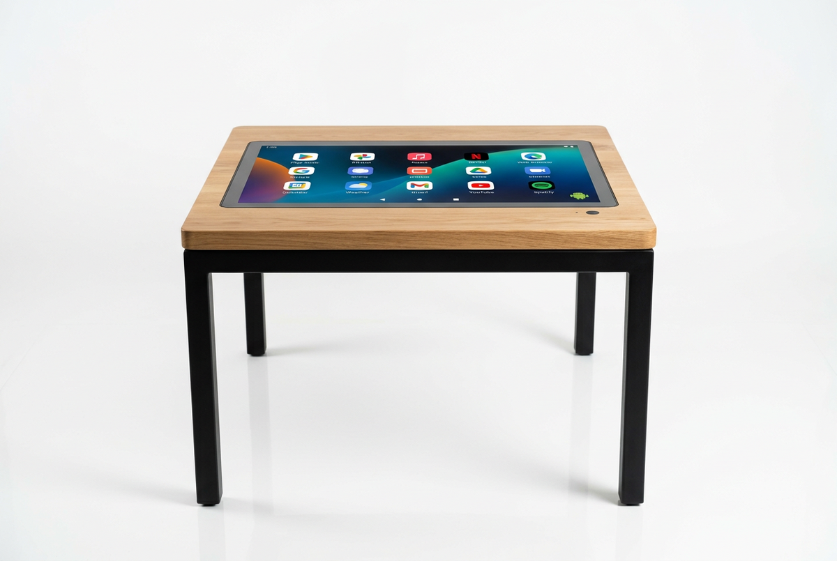 Tavolo interattivo 32" capacitivo con android integrato, piano in legno e struttura portante in ferro